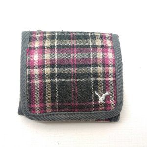 American Eagle Pink Gray Plaid Trifold Wallet